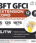 Lighted Outdoor GFCI Extension Cord With Three Outlets, 3 Foot 12 Gauge SJTW heavy duty yellow cable, 3 wire, UL listed details