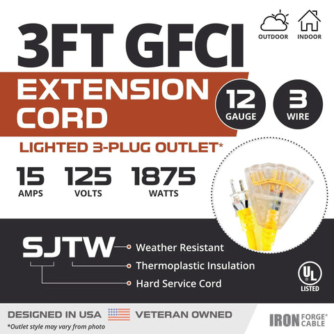 Lighted Outdoor GFCI Extension Cord With Three Outlets, 3 Foot 12 Gauge SJTW heavy duty yellow cable, 3 wire, UL listed details