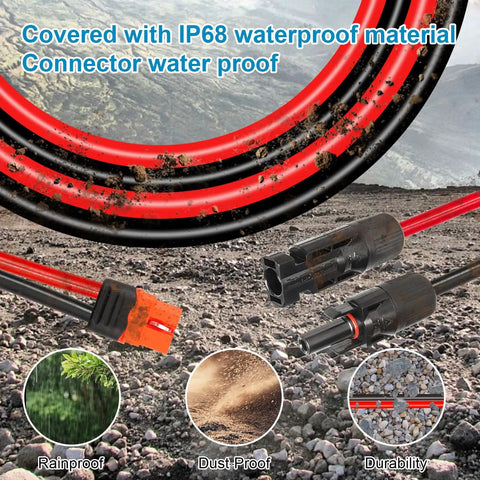 10 AWG Solar To XT60i Extension Cable 25ft beefed up heavy duty wire with waterproof XT60i connector on rocky ground.