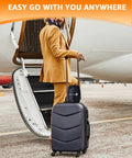 Traveler boarding plane with suitcase, carrying Inflatable Travel Neck Pillow With Eye Mask and Ear Plugs, Compact Gray Design