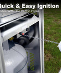 Durable Outdoor Propane Pyramid Patio Heater With Waterproof Cover And Wheels, ignition button detail on unit.