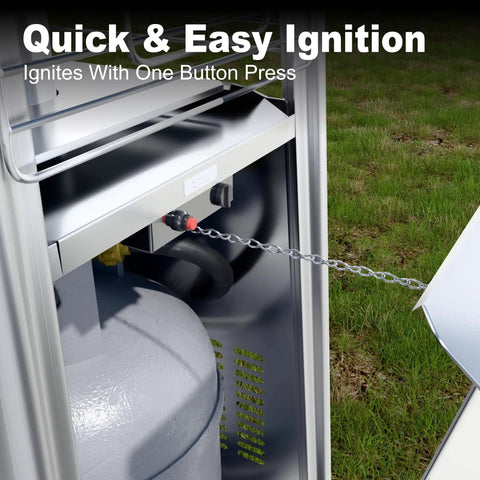 Durable Outdoor Propane Pyramid Patio Heater With Waterproof Cover And Wheels, ignition button detail on unit.