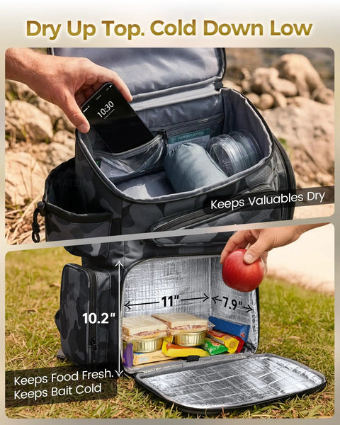 All Day Angler Fishing Backpack With Four Tackle Boxes And Rod Holders, open showing insulated cooler and upper storage.