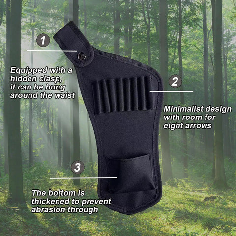 Eight-Hole Crossbow Bolts Quiver With Hip Waist Pocket, Durable Oxford Fabric Arrow Holder hanging in forest.