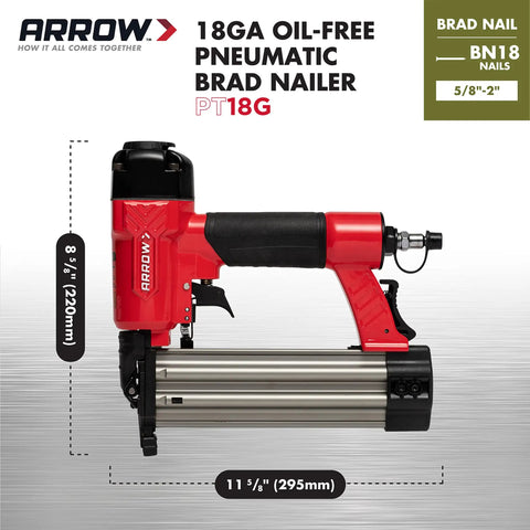 Oil Free 18 Gauge Pneumatic Brad Nailer for Small Trim and Interior Molding Fires Up to 100 PSI, red with black handle