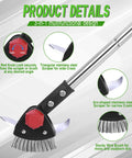 Long Reach 3 In 1 Weeding Tool With Adjustable Crevice Cleaners showing red knob lock, triangular scraper, arc scraper, and brush.