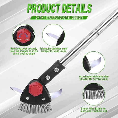 Long Reach 3 In 1 Weeding Tool With Adjustable Crevice Cleaners showing red knob lock, triangular scraper, arc scraper, and brush.