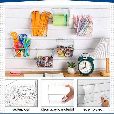 Six Clear Slatwall Bins With Integrated Hooks Mount Hanging Organizer 5.1 x 5.1 x 5.1 Inch storing office supplies on slatwall panel