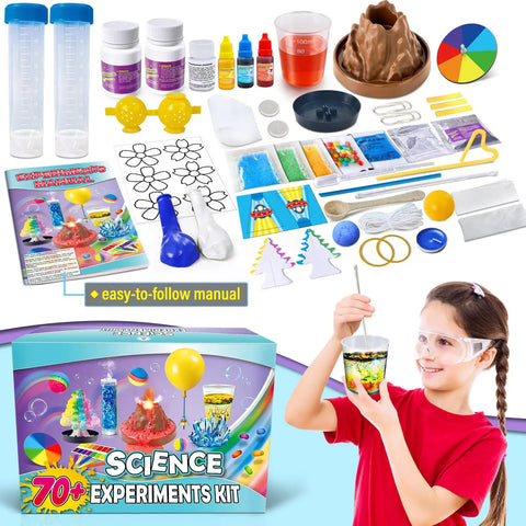 70 Plus Experiments Science Kit For Kids With Chemistry And Physics Projects Kid Friendly Hands On STEM Toy That Delivers Real Fun Learning And Keeps Little Minds Curious, kit contents and manual