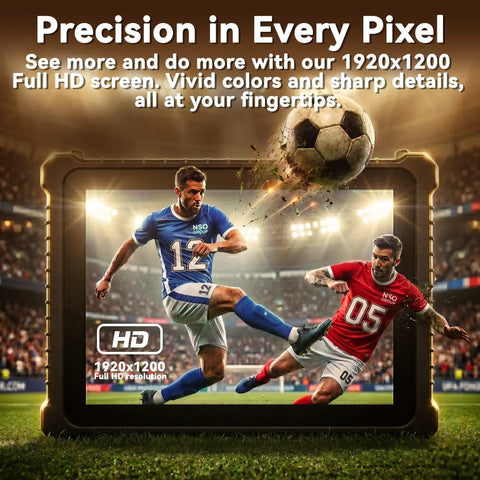 Heavy Duty 10.1 Inch Windows 11 Pro Rugged Tablet With IP67 Industrial Waterproof Housing And Mil Spec Drop Resistance displaying soccer scene.