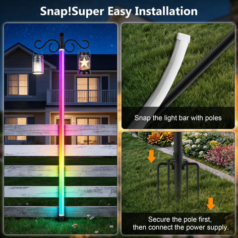 4 Pack Outdoor String Light Poles For Hanging String Lights with colorful installation steps and yard background