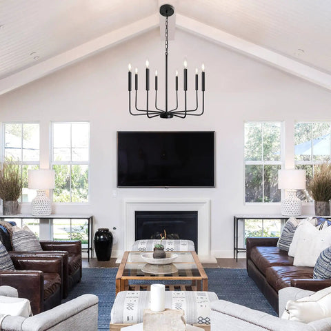 Dope Black Farmhouse Dining Room Chandelier With Adjustable Height Eight Candle Arms Pendant Light Fixture For Living Room Kitchen Island And Foyer Modern Matte Black Metal Lighting in a living room setting.