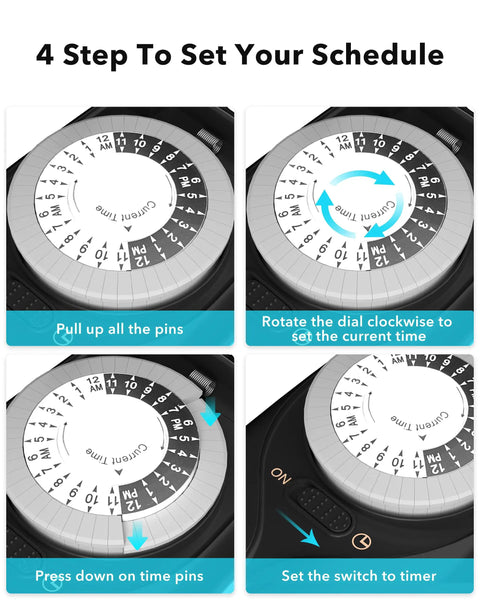 Setup guide for Outdoor Timer Outlet Waterproof 24 Hour Mechanical Light Timers For Exterior Outlets With Two Grounded Outlets