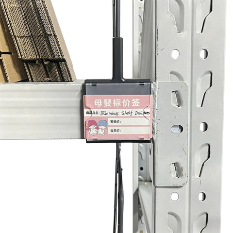 Twenty Pack Heavy Duty Wire Shelf Dividers With Double Buckle Clips For Store Fixtures And Library Shelving Includes Erasable Price Labels on rack.