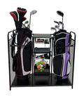 Heavy Duty Metal Golf Bag Organizer Rack For Two Bags With Secure Straps Two Wire Drawers For Accessories Five Shelves And One Shoe Shelf The Dope Golf Gear Storage Stand In Black holding two golf bags and accessories