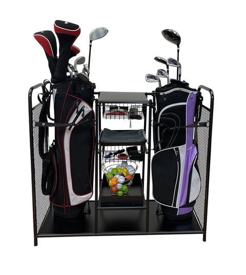 Heavy Duty Metal Golf Bag Organizer Rack For Two Bags With Secure Straps Two Wire Drawers For Accessories Five Shelves And One Shoe Shelf The Dope Golf Gear Storage Stand In Black holding two golf bags and accessories