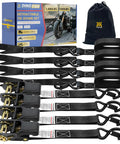 Heavy Duty Ratchet Straps 4 Pack Tie Down Belts 1 Inch By 15 Feet 1680 Lb Break Strength with ergonomic handles and storage bag.