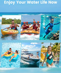Collage of people enjoying kayaking, rafting, diving, lounging, and boating showcasing Triple Seal IPX8 Waterproof Fanny Pack with Touch Screen Dry Bag for Kayaking and Water Sports Large Capacity Cell Phone Pouch Grab and Go Adjustable Waist Strap for Men and Women Perfect for Beach Pool and Swim worn by swimmer.