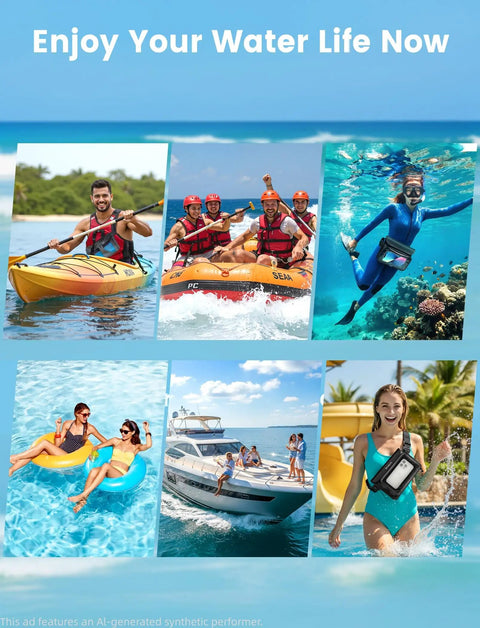 Collage of people enjoying kayaking, rafting, diving, lounging, and boating showcasing Triple Seal IPX8 Waterproof Fanny Pack with Touch Screen Dry Bag for Kayaking and Water Sports Large Capacity Cell Phone Pouch Grab and Go Adjustable Waist Strap for Men and Women Perfect for Beach Pool and Swim worn by swimmer.