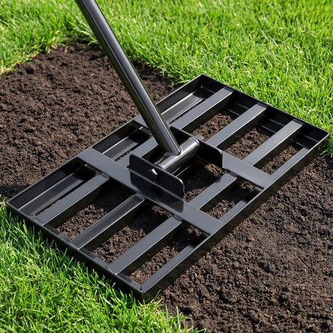 Beefy Heavy Duty Lawn Leveling Rake 17 By 10 Inch Stainless Steel used on soil for leveling in backyard garden golf course