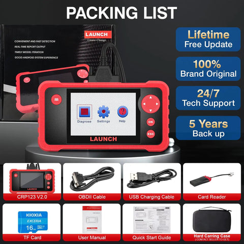 CRP123 V2.0 OBD2 Diagnostic Scanner package with cables, card reader, manual, and carrying case displayed