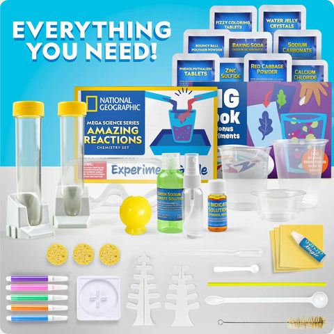 Amazing Chemistry Set With 100 Plus Science Experiments For Kids Including Crystal Growing Reactions Glowing Tubes And A Colorful Bouncy Ball A Hands On STEM Gift For Boys And Girls Amazon Exclusive with test tubes, solutions, and accessories.