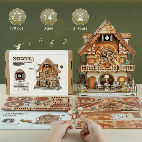 3D Puzzle Clock For Adults Dope Cuckoo Model Kit with mechanical pendulum, Roman numerals, wooden pieces, German cottage style