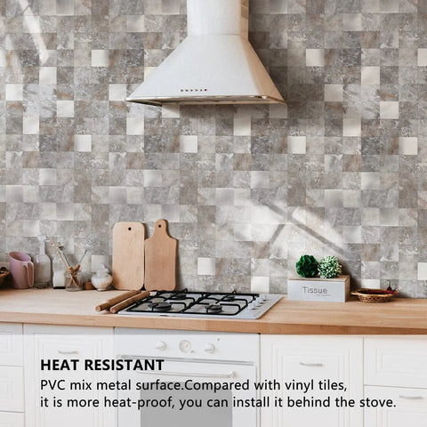 Peel And Stick Kitchen Backsplash Tile PVC Mixed Metal Look Volakas White Ten Sheets Strong Adhesive for kitchen stove wall