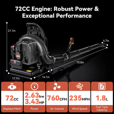 Heavy Duty 72cc Gas Power Backpack Leaf Blower With 230 MPH 760 CFM Adjustable Speed Low Noise Ergonomic Design Cruise Control