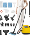 Heavy Duty Handheld Steam Cleaner For Spotless Home Cleaning Powers Through Stubborn Kitchen Grease Tile Scuffs And Carpet Stains Gets The Job Done Without Breaking A Sweat with accessories laid out.