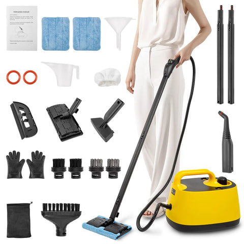 Heavy Duty Handheld Steam Cleaner For Spotless Home Cleaning Powers Through Stubborn Kitchen Grease Tile Scuffs And Carpet Stains Gets The Job Done Without Breaking A Sweat with accessories laid out.