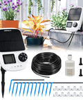 Solar Powered Drip Irrigation System With Automatic Timer For Pots And Indoor Plants, complete with emitters, tubing, and accessories