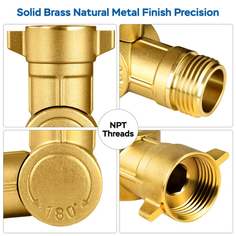 Solid Brass Hose Swivel Elbow Fitting 180 Degree For Three Quarter Inch GHT Durable No Kink Keeps Water Flow Strong Easy Install Garden Hose Connector Fits Standard Hoses For Outdoor Lawn And Garden Use, NPT threads