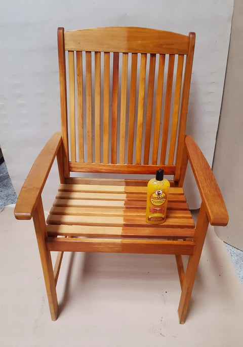 Teak chair half treated with Sun Shield Wood Wax With UV Protection For Outdoor Furniture Gallon; visible rejuvenated grain