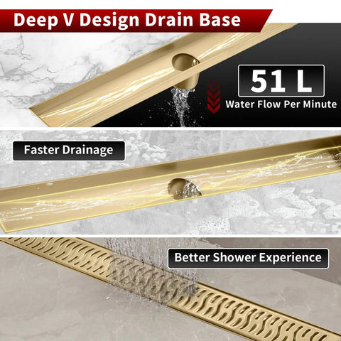 Slick 36 Inch Linear Shower Drain With Brushed Gold Finish And Heavy Duty Real Deal Build No Sweat V Shape Quick Flow Setup with water flow.