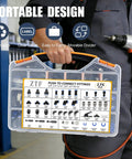 Person holding Pro Grade 175 Piece Push To Connect Air Hose Fittings Kit with NPT Threads in storage box