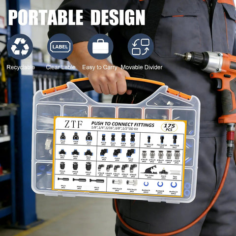 Person holding Pro Grade 175 Piece Push To Connect Air Hose Fittings Kit with NPT Threads in storage box