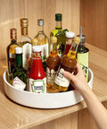 Large Capacity Lazy Susan Organizer For Pantry Cabinet And Kitchen Storage Featuring Super Slick 360 Spinner Turntable with oils and sauces.