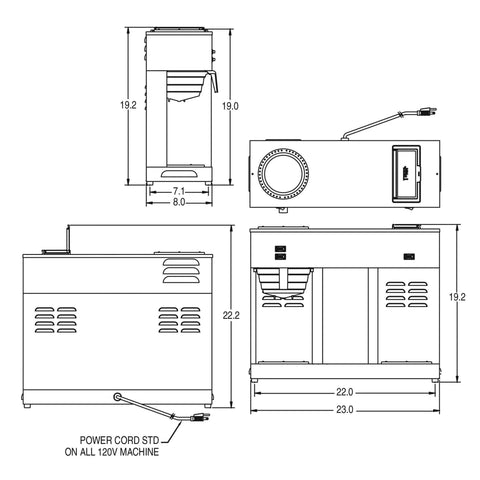 Technical drawing of VPS 12 Cup Pourover Commercial Coffee Brewer With Three Warming Stations 120V No Plumbing Required