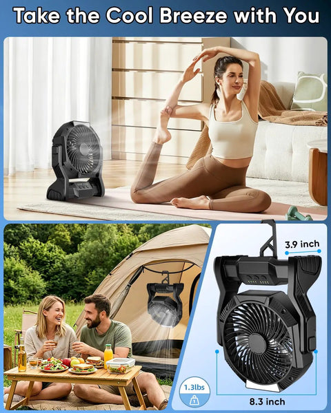 Portable Rechargeable Camping Fan With 20000mAh Battery in yoga room and campground settings