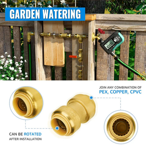 Three Quarter Inch Push To Connect Plumbing Fittings Pack Of 12 Lead Free Brass For Pex Piping Copper And CPVC in garden setup.