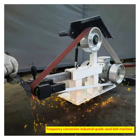 Heavy Duty Desktop Belt Sander With Smooth Stepless Speed Regulation And Three Badass Grinding Wheels Top Tier Bench Grinder For Woodshop Projects 1500W 110V in use with sparks flying.