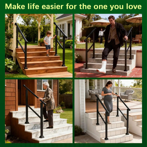 Built Tough Metal Handrail Kit With Fade Proof Finish And Fully Adjustable Height For Secure Outside Porch Deck Balcony Projects Featuring Rock Solid Support That Easily Handles Up To 300 Pounds Of Daily Stress And Rough Use on residential steps.