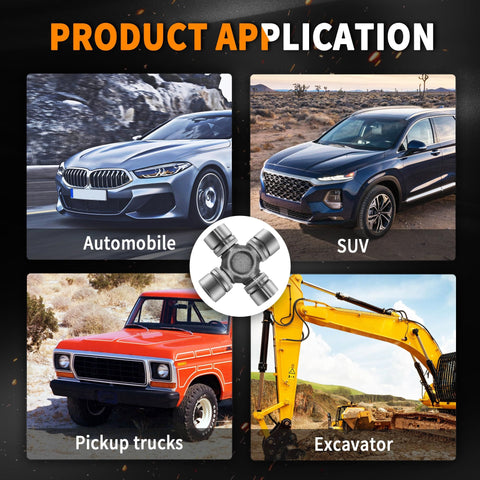 Product application collage for 5-460X U Joint Kit, showing automobiles, SUVs, pickup trucks, and excavators with universal joint image.