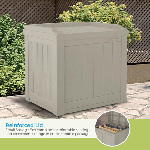 Outdoor Storage Box 22 Gallon Light Taupe Resin Deck Box with Built In Seat Weatherproof Patio Storage Bin for Cushions