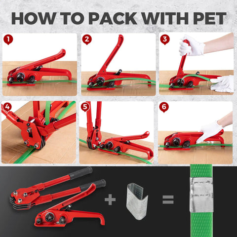 Heavy Duty Green Pet Strap Roll With Zero Hassle Tensioner And Peel Seals, 5 8 Inch By 1000 Feet Plastic Baling Tape usage steps.