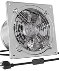 Heavy Duty Eight Inch Metal Exhaust Fan Pumpin Five Seven Six Cfm Airflow, silver metal body, wall mount with power cord.