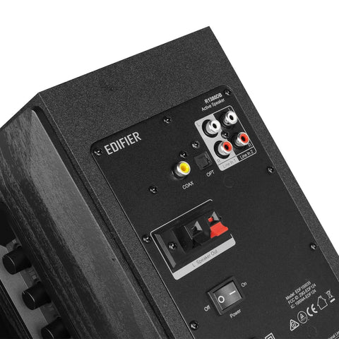 R1380DB Active Bluetooth Bookshelf Speakers With Optical And Coaxial Inputs back panel showing input ports and controls