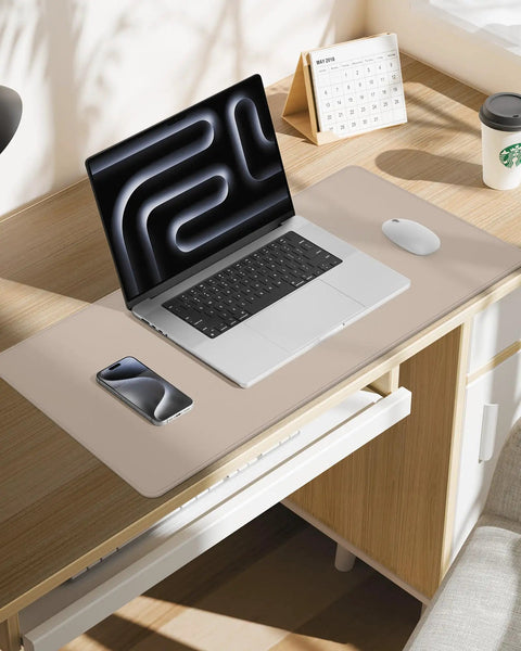 Beige PU Leather Desk Pad Protector And Mouse Pad Large 31.5 By 15.7 Inch Non Slip Waterproof Desk Mat For Office With Laptop