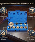 Kickass 11 Piece Brass Router Bushing Kit With Universal Lock Nuts And Heavy Duty Case open, showing durable brass bushing guides for woodworking.
